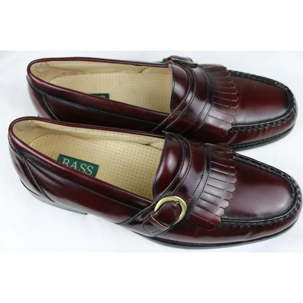 Bass Mens Burgundy Leather Kiltie Loafers Buckle Fringe SlipOn Dress Shoes 11.5M
